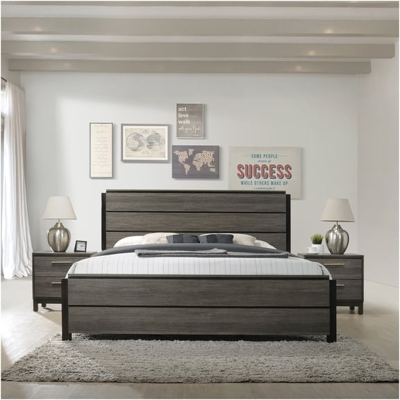JERFIT Modern Queen Bedroom Set with Nightstands, Antique Gray Wood 3-Piece Bedroom Furniture Suite for Contemporary Home Decor