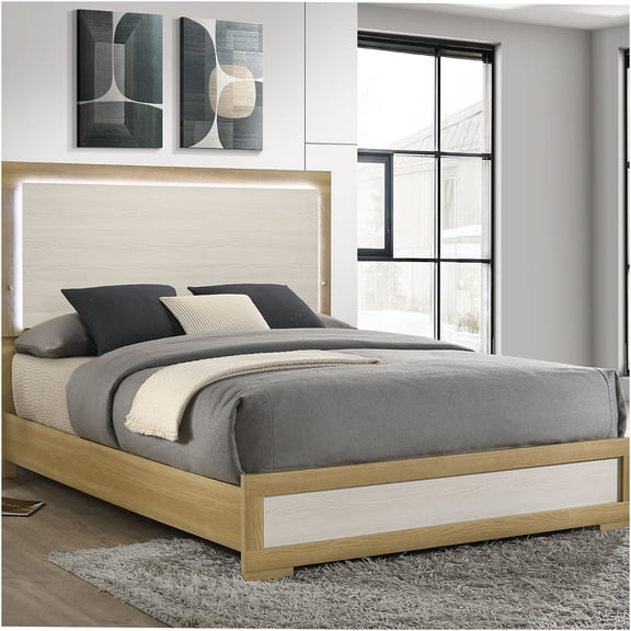 JERFIT Modern Queen LED Panel Bed with Touch Light, Natural Wood & White Finish, No Box Spring Needed