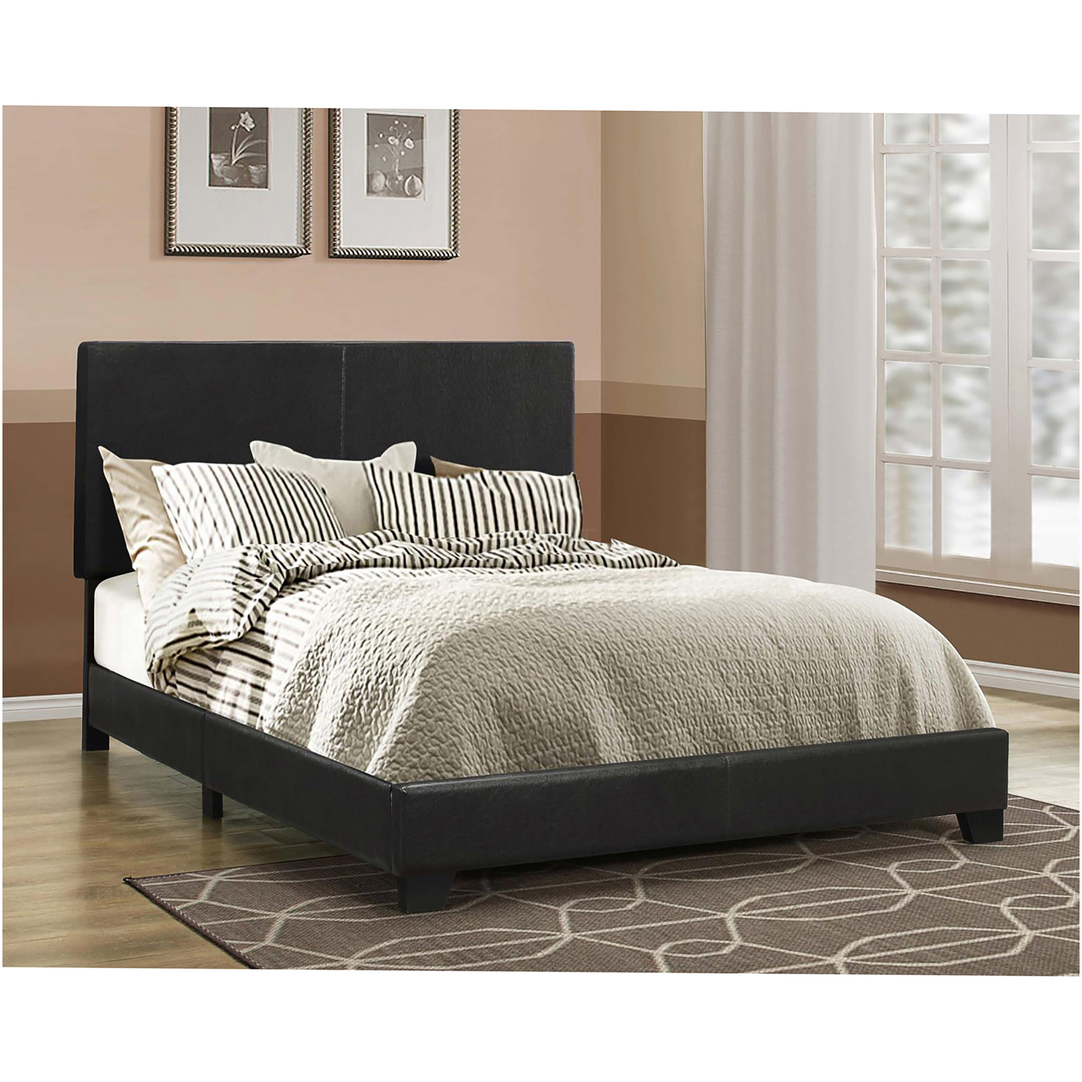 JERFIT Modern Queen Size Upholstered Bed Frame with Faux Leather Headboard, Low Profile Platform Bed, Black