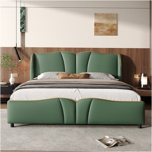 JERFIT Modern Queen Upholstered Bed Frame with Wingback Headboard, Dark Green PU Leather Platform Bed, Wavy Footboard, No Box Spring Needed