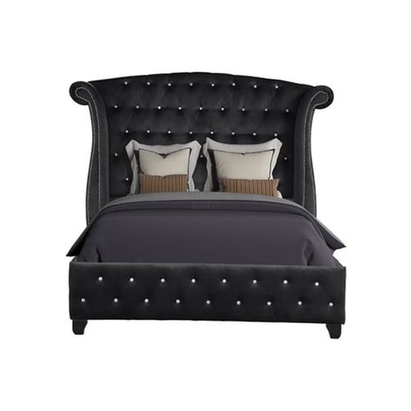 JERFIT Queen Upholstered Bed Frame with Crystal Button Tufting, Modern Velvet Platform Bed, No Box Spring Needed, Black Wood Bedroom Furniture
