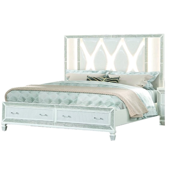 JERFIT Modern Queen Upholstered Bed with LED Headboard, Crystal Accents, White Storage Platform Bed, No Box Spring Needed