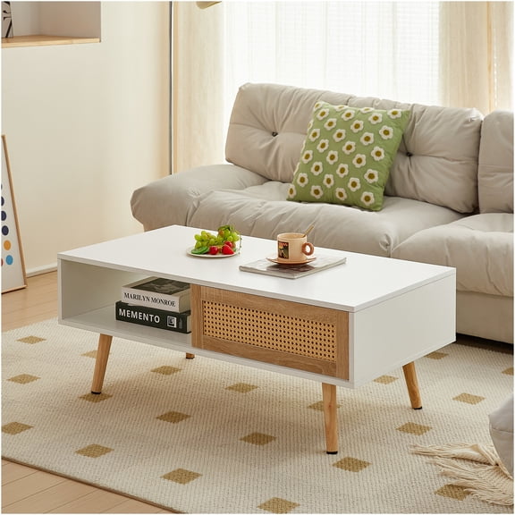JERFIT Modern Rattan Coffee Table with Sliding Doors, 41 inch Storage Console Table with Solid Wood Legs for Living Room, White