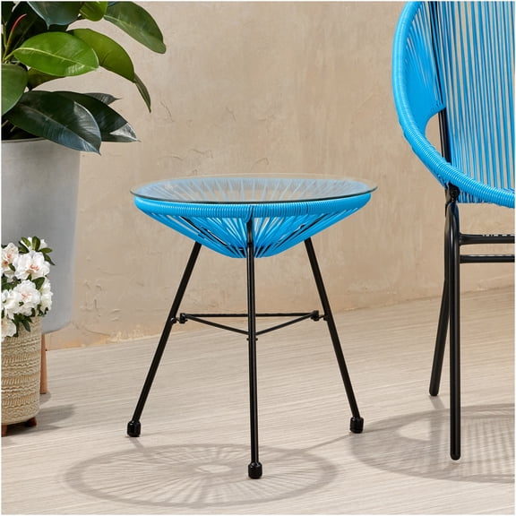 JERFIT Modern Rattan End Table with Tempered Glass Top, Blue Accent Side Table for Outdoor Patio, Poolside Lounge, Living Room