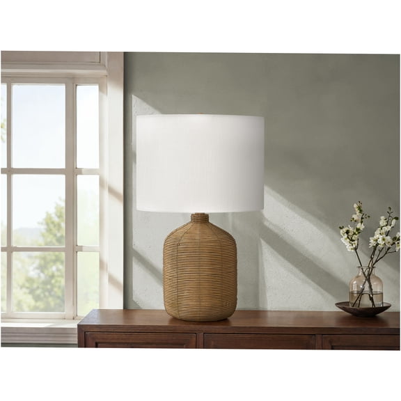 JERFIT Modern Rattan Table Lamp with Beige Drum Shade, 3-Way Dimmable Rotary Switch, Brown Textured Finish Accent Lighting for Bedroom Living Room Office