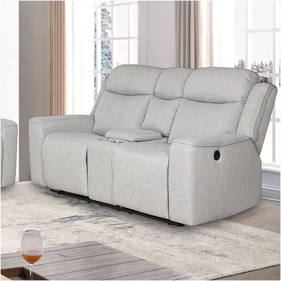 JERFIT Modern Reclining Loveseat with Center Console, Cup Holders and Storage, Ancient White Polyester Fabric, Small Space Recliner Sofa