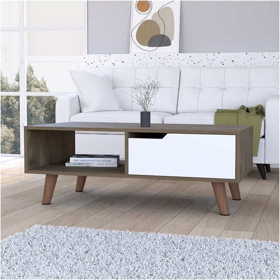 JERFIT Modern Rectangle Coffee Table with Drawer and Shelf, Dark Brown & White Finish, Compact Sofa Table for Small Space Living Room, Bedroom