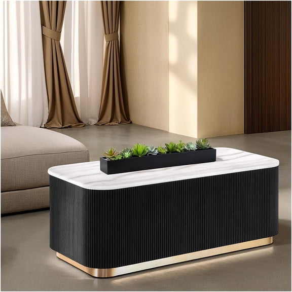 JERFIT Modern Rectangle Coffee Table with Genuine Marble Top, Gold Reeded Plinth Base for Living Room, Black White & Gold Cocktail Table