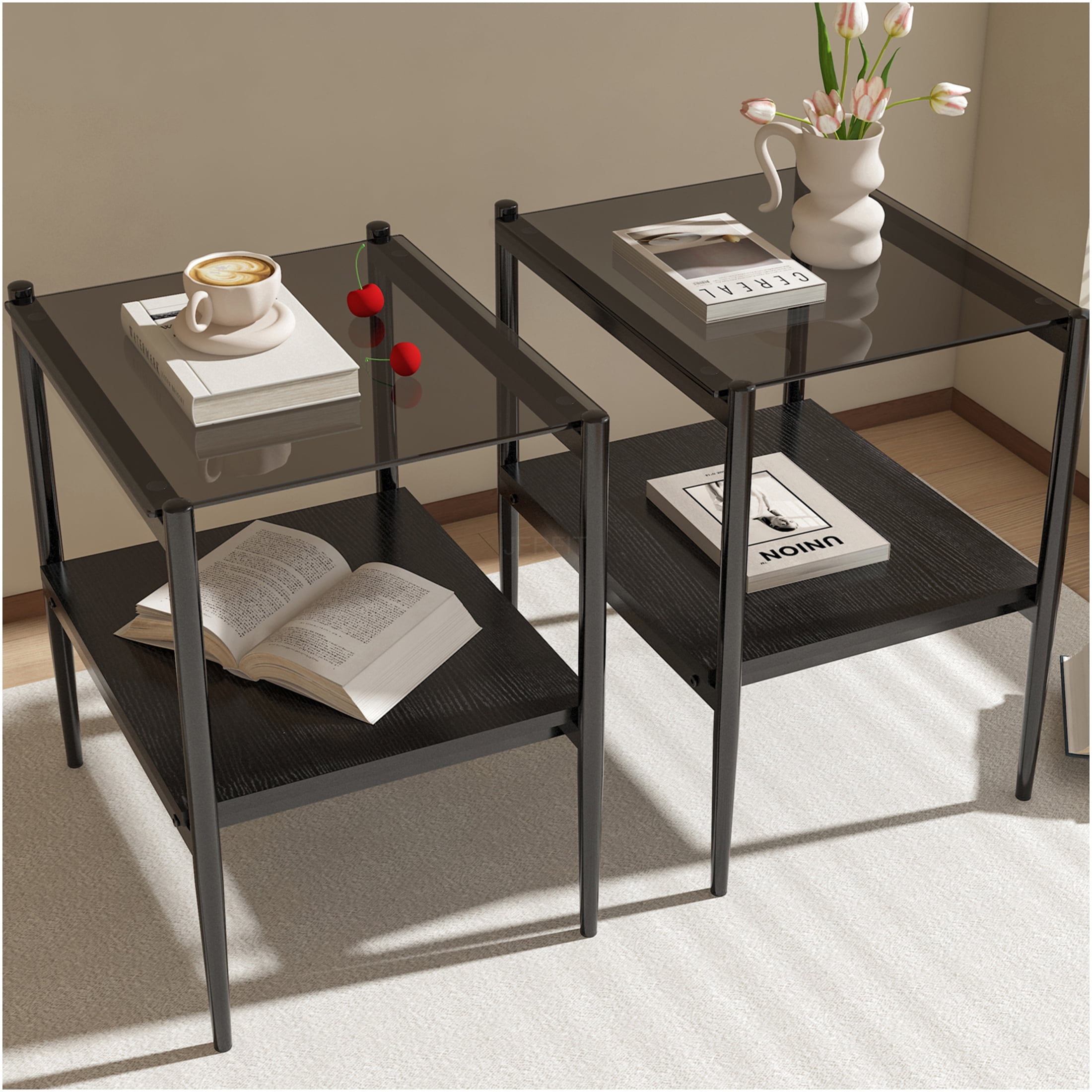 JERFIT Modern Rectangle End Table Set of 2, Gray Glass Top with MDF ...