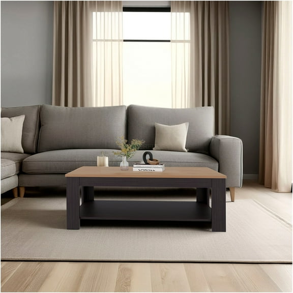 JERFIT Modern Rectangular Coffee Table with Lower Shelf, Wenge & Oak Finish, Particle Board Console Table for Living Room