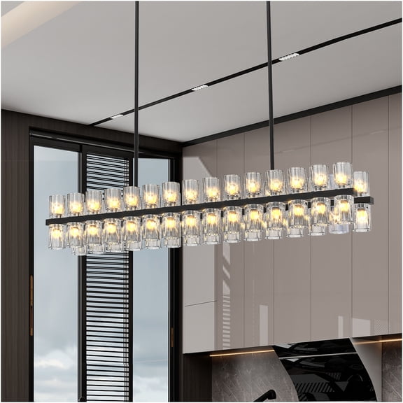 JERFIT Modern Rectangular Crystal Chandelier for Dining Room & Living Room, Black Iron Frame with Luxurious K9 Crystal Pendants, Ceiling Light Fixture