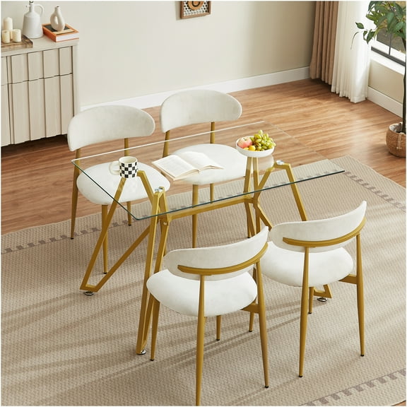 JERFIT Modern Rectangular Glass Dining Table with Gold Metal Legs for Kitchen, Dining Room, Office, 6-Seater Contemporary Design