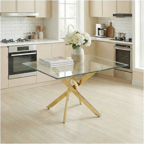 JERFIT Modern Rectangular Glass Dining Table with Golden Frame, Tempered Glass Top for Kitchen, Living Room, Office, Cafe, Conference and Party