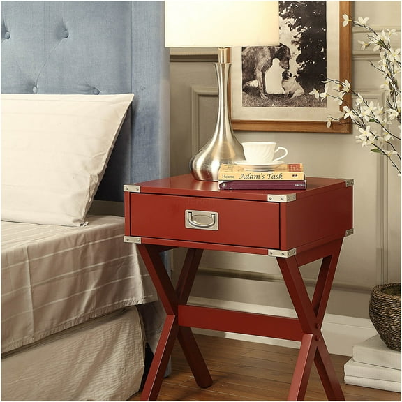 JERFIT Modern Red Accent Table with Drawer, Small Side Table with X-Base for Bedroom, Living Room, Office, Synthetic Wood Nightstand, End Table
