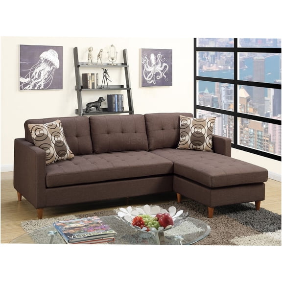 JERFIT Modern Reversible Chaise Sectional Sofa, Chocolate Fabric Couch with Pillows, Modular Living Room Furniture