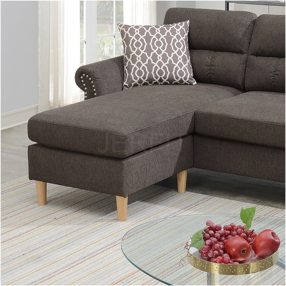 JERFIT Modern Reversible Chaise Sectional Sofa with Pillows, Plush Velvet Fabric Upholstery, Nailhead Trim, for Living Room, Tan