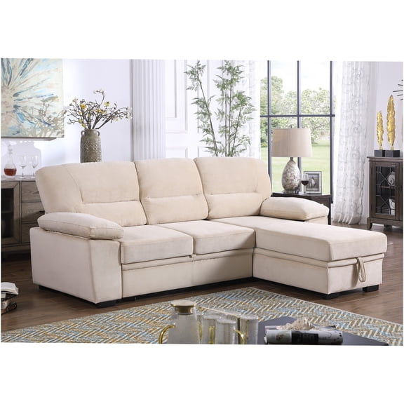 JERFIT Modern Reversible Chaise Sleeper Sofa with Storage, Velvet Upholstery, Beige Convertible Sectional Couch for Living Room