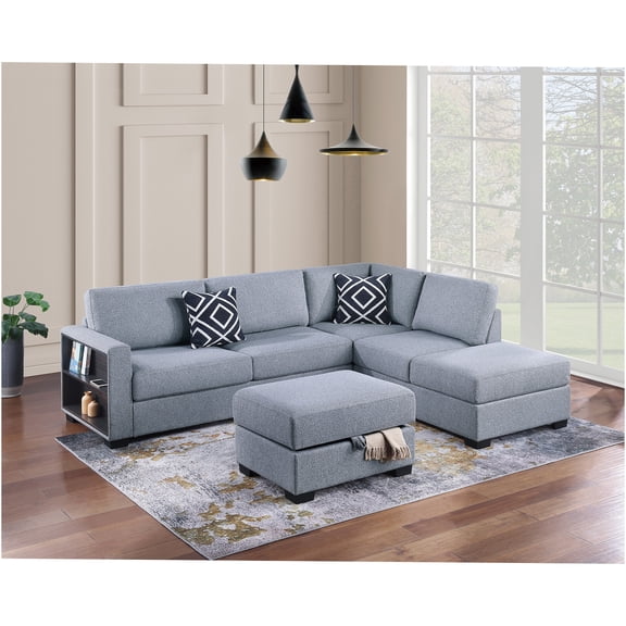 JERFIT Modern Reversible L-Shaped Sectional Sofa Set with Storage Ottoman, Built-in Shelves, Boucle Fabric, Gray Contemporary Living Room Couch