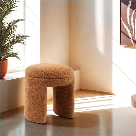 JERFIT Modern Round Accent Ottoman Stool, Plush Teddy Bear Fabric Upholstery, Solid Wood Frame, Brown Mix for Living Room, Bedroom, Entryway