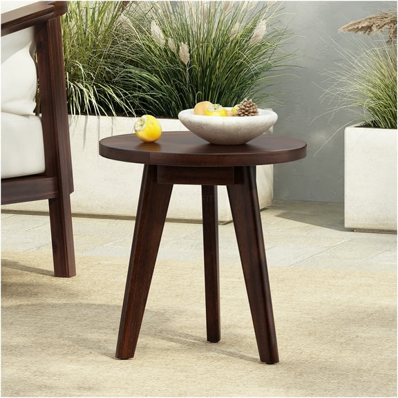 JERFIT Modern Round Accent Table, Dark Brown Acacia Wood Nightstand End Table with 3 Legs for Bedroom, Living Room, Dorm