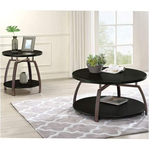 JERFIT Modern Round Coffee Table and End Table Set with Casters, Dark Charcoal Finish for Living Room