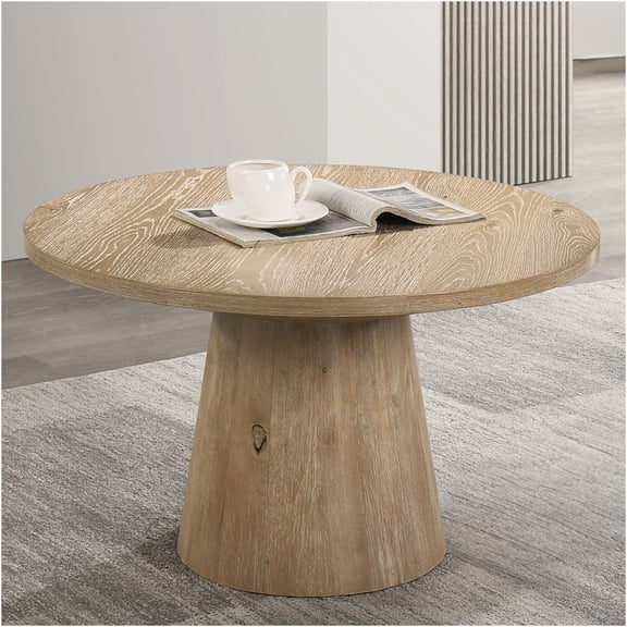 JERFIT Modern Round Coffee Table with Cone Pedestal Base, Oak Finish for Living Room