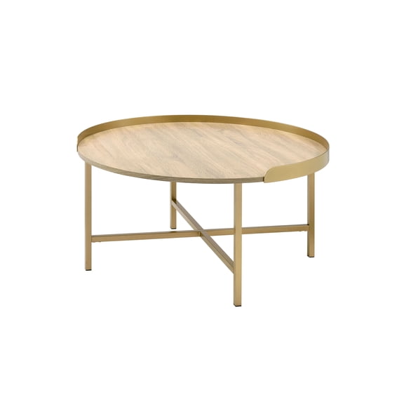 JERFIT Modern Round Coffee Table with Gold Metal Base, Oak Finish Tray Top Accent Table for Living Room