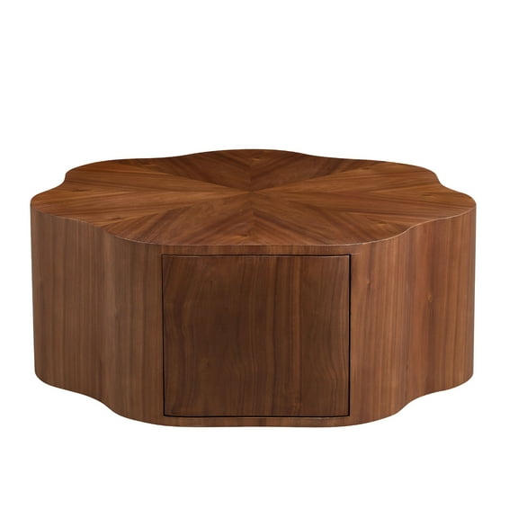 JERFIT Modern Round Coffee Table with Hidden Storage Drawer, Walnut Finish Petal Design Accent Table for Living Room, Apartment