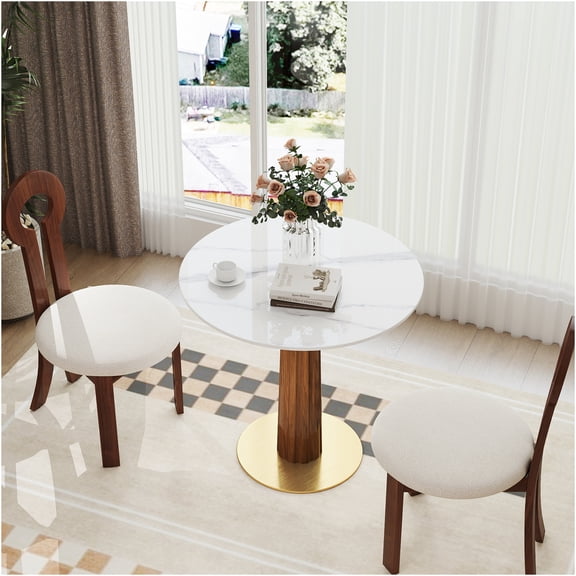 JERFIT Modern Round Dining Table for 2 Person Small Space Kitchen, Sintered Stone Top with Wooden Legs and Gold Base, Compact Breakfast Nook Table for Kitchen, Dining Room, Office