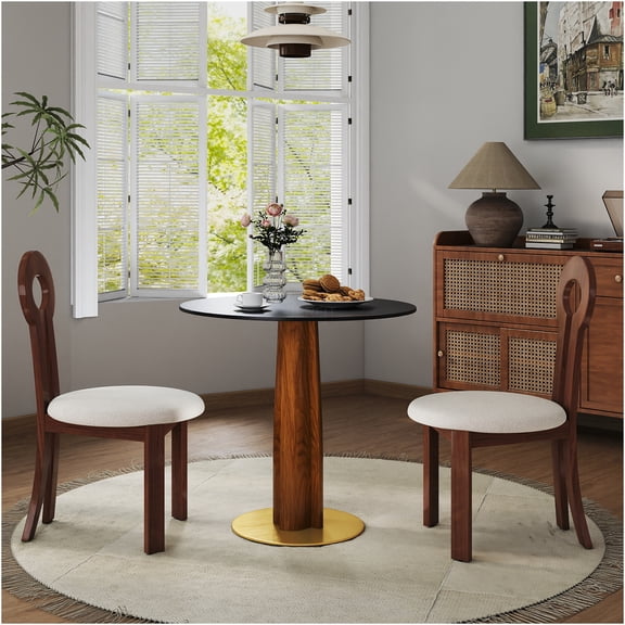JERFIT Modern Round Dining Table for 2 Person, Small Space Kitchen Table with Sintered Stone Top, Wooden Legs and Gold Base, Compact Breakfast Nook for Home Office or Apartment