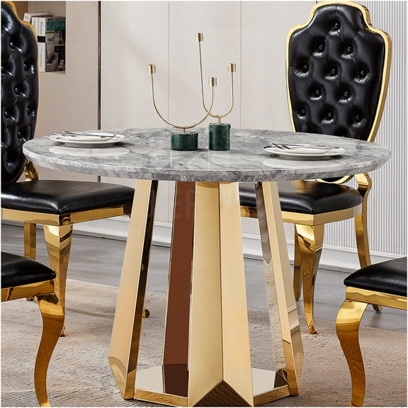 JERFIT Modern Round Dining Table, 47 Inch Faux Marble Kitchen Table with Stainless Steel Base, Grey and Gold Finish for Dining Room