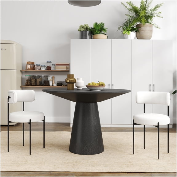 JERFIT Modern Round Dining Table Set for 2 with Boucle Chairs, Pedestal Base, Black/White Contemporary Kitchen Breakfast Nook Set