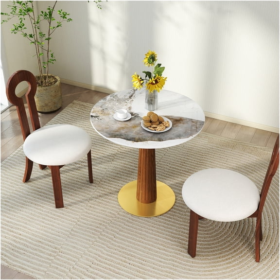 JERFIT Modern Round Dining Table for Small Space, Sintered Stone Top with Wooden Leg & Gold Base, 2-Person Kitchen Breakfast Table, Contemporary Design