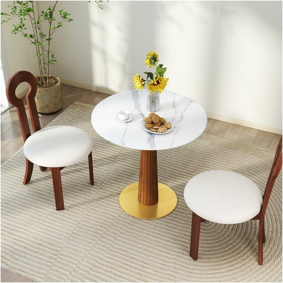 JERFIT Modern Round Dining Table for Small Spaces, Sintered Stone Top with Wooden Leg & Gold Base, 2-Person Kitchen Table, Breakfast Nook or Office Desk