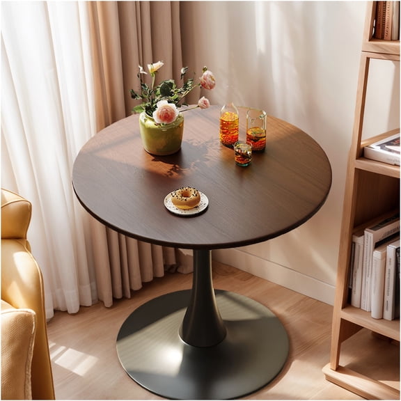 JERFIT Modern Round Dining Table, Walnut Kitchen Table with Sturdy Metal Base, Compact Tulip Pedestal Table for Small Space, Living Room Accent