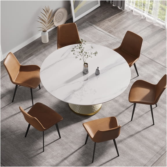 JERFIT Modern Round Dining Table for 6, White Sintered Stone Top with Carbon Steel Pedestal Base