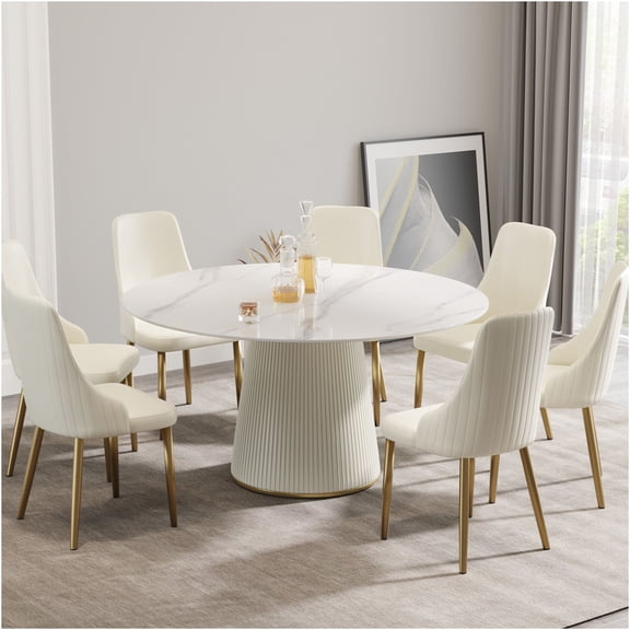 JERFIT Modern Round Dining Table for 8, White Sintered Stone Top with PU Base, Heat Stain Scratch Resistant Kitchen Table