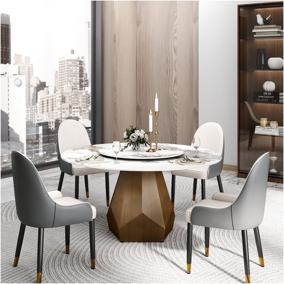 JERFIT Modern Round Dining Table for 8 with Rotating Turntable, Sintered Stone Top and Antique Brass Metal Base