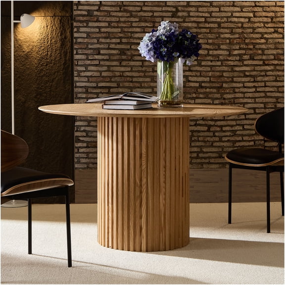 JERFIT Modern Round Dining Table for Kitchen, Mid-Century Oak Finish MDF Top Slatted Design Small Space Dinner Table