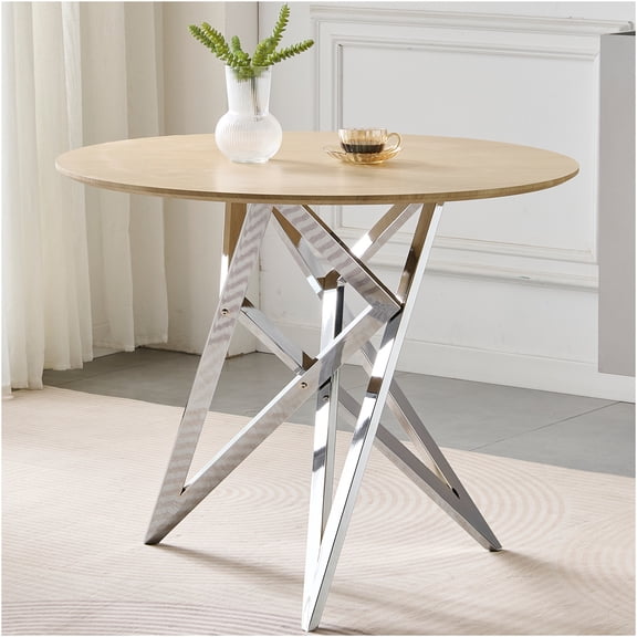JERFIT Modern Round Dining Table for Small Space, 37 Inch Kitchen Table with Silver Metal Legs, Seats 4, MDF Wood Grain Top