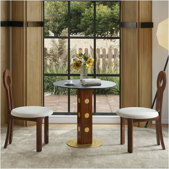 JERFIT Modern Round Dining Table for Small Spaces, Sintered Stone Top with Gold Base, 2-Seater Kitchen Table in Black or Walnut