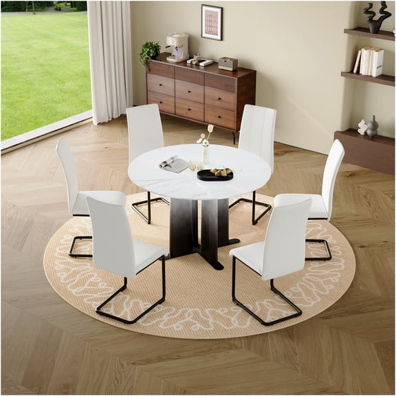 JERFIT Modern Round Dining Table for Small Spaces, White Marble Pattern Top with Black to White Gradient Legs and Cross Base