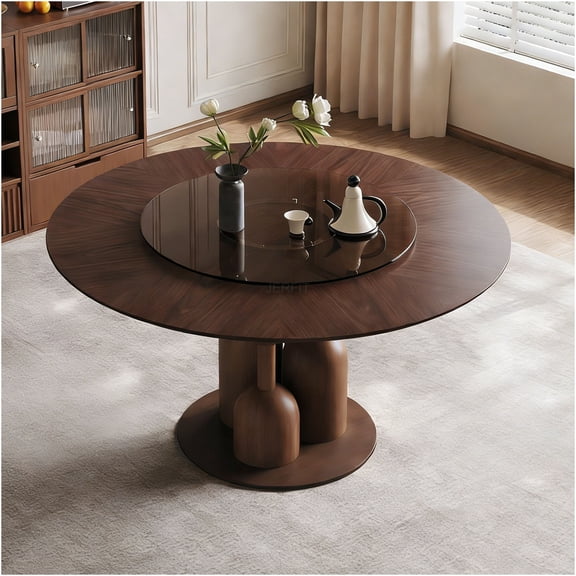 JERFIT Modern Round Dining Table with Built-in Lazy Susan, Walnut Wood Sculptural Centerpiece for Living Room, Restaurant, Art Deco Decor