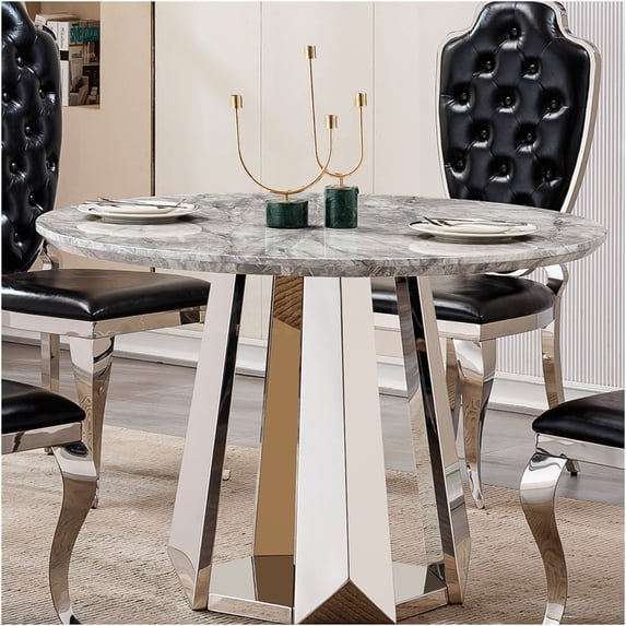 JERFIT Modern Round Dining Table with Faux Marble Top and Stainless Steel Base, Silver Gray Kitchen Table for Dining Room