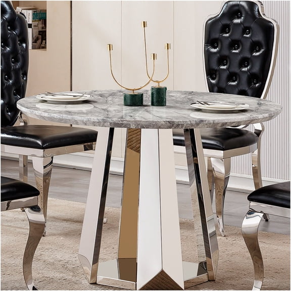 JERFIT Modern Round Dining Table with Faux Marble Top and Stainless Steel Base, Silver Gray Kitchen Table for Dining Room