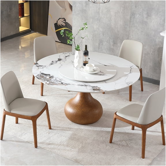 JERFIT Modern Round Dining Table with Lazy Susan, 59 Inch Sintered Stone Top, Walnut & White Finish for Kitchen, Dinette, Compact Spaces