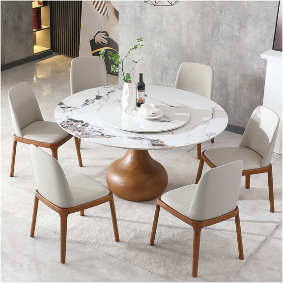 JERFIT Modern Round Dining Table with Lazy Susan, 59 Inch Sintered Stone Top and Wood Base for Kitchen, Dinette, Compact Spaces