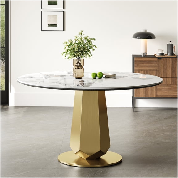 JERFIT Modern Round Dining Table with Sintered Stone Top and Gold Metal Base for Kitchen Breakfast Nook Apartment Small Space