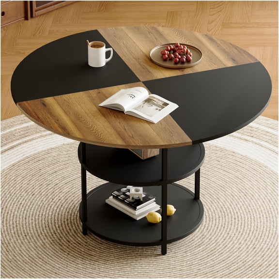 JERFIT Modern Round Dining Table with Storage, 47 inch Two-Tone Wood and Black Design, Circular Pedestal Base for Kitchen, Dining Room