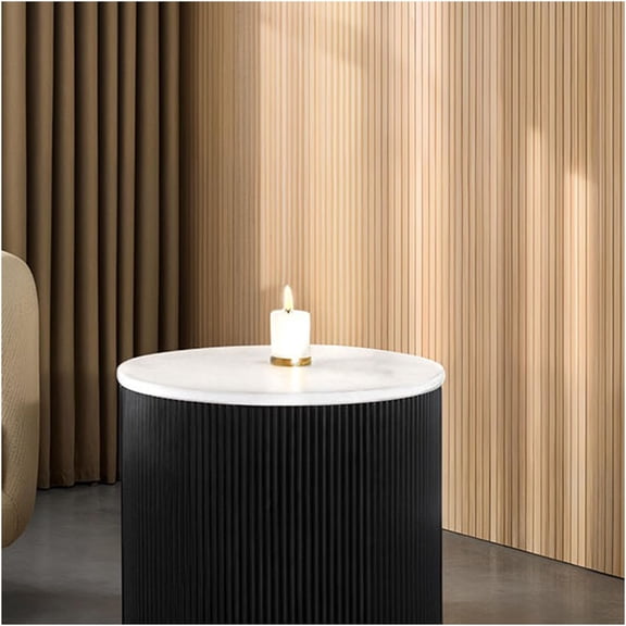 JERFIT Modern Round End Table with Genuine Marble Top, Gold Reeded Plinth Base for Living Room, Bedroom, Accent Table in Black White Gold